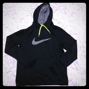Nike Black Hoodie with Neon Yellow Drawstring and Speckled Swoosh